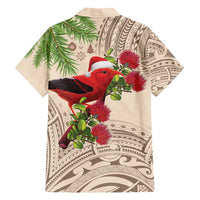 Christmas Hawaii with I'iwi Bird Family Matching Off Shoulder Maxi Dress and Hawaiian Shirt Aloha Mele Kalikimaka - Beige Art LT9 - Polynesian Pride
