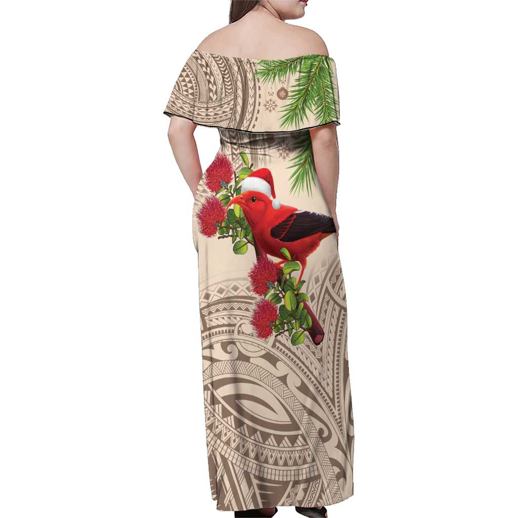 Christmas Hawaii with I'iwi Bird Family Matching Off Shoulder Maxi Dress and Hawaiian Shirt Aloha Mele Kalikimaka - Beige Art LT9 - Polynesian Pride