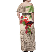 Christmas Hawaii with I'iwi Bird Family Matching Off Shoulder Maxi Dress and Hawaiian Shirt Aloha Mele Kalikimaka - Beige Art LT9 - Polynesian Pride