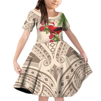 Christmas Hawaii with I'iwi Bird Family Matching Off Shoulder Short Dress and Hawaiian Shirt Aloha Mele Kalikimaka - Beige Art LT9 Daughter's Dress Beige - Polynesian Pride