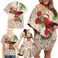 Christmas Hawaii with I'iwi Bird Family Matching Off Shoulder Short Dress and Hawaiian Shirt Aloha Mele Kalikimaka - Beige Art LT9 - Polynesian Pride