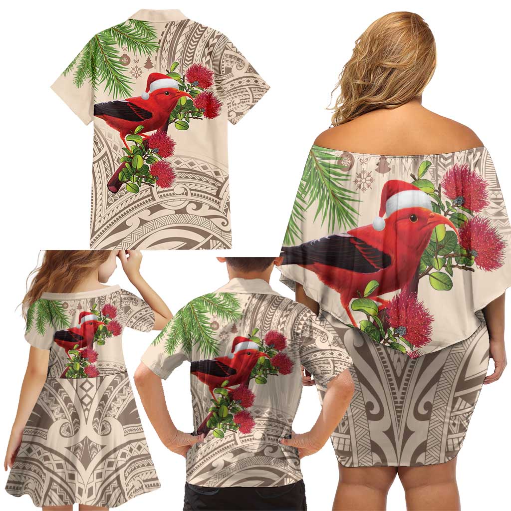 Christmas Hawaii with I'iwi Bird Family Matching Off Shoulder Short Dress and Hawaiian Shirt Aloha Mele Kalikimaka - Beige Art LT9 - Polynesian Pride