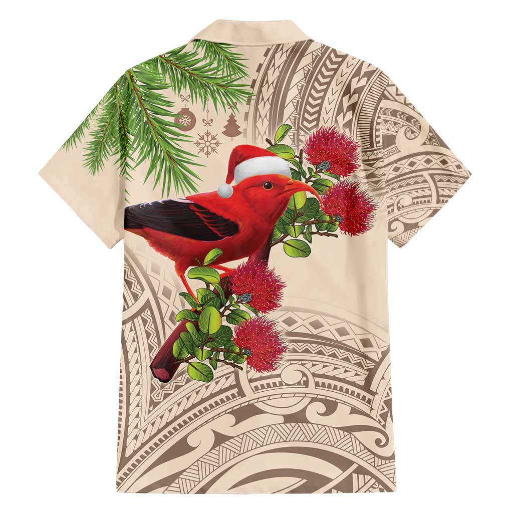 Christmas Hawaii with I'iwi Bird Family Matching Off Shoulder Short Dress and Hawaiian Shirt Aloha Mele Kalikimaka - Beige Art LT9 - Polynesian Pride