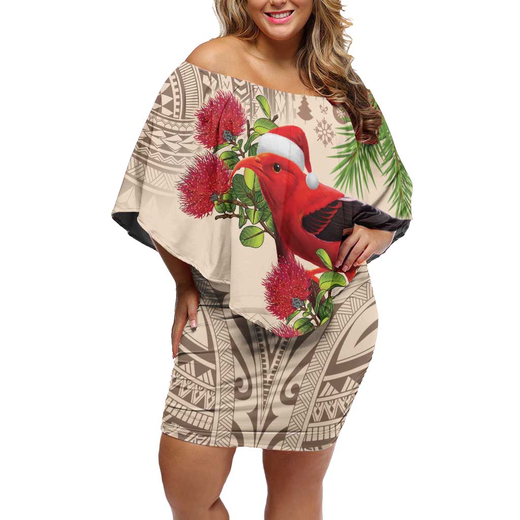 Christmas Hawaii with I'iwi Bird Family Matching Off Shoulder Short Dress and Hawaiian Shirt Aloha Mele Kalikimaka - Beige Art LT9 Mom's Dress Beige - Polynesian Pride