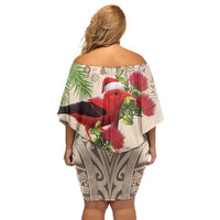 Christmas Hawaii with I'iwi Bird Family Matching Off Shoulder Short Dress and Hawaiian Shirt Aloha Mele Kalikimaka - Beige Art LT9 - Polynesian Pride