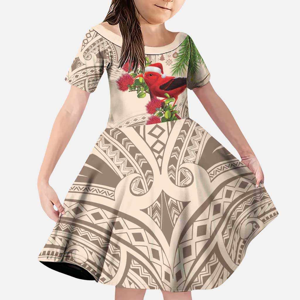 Christmas Hawaii with I'iwi Bird Family Matching Puletasi and Hawaiian Shirt Aloha Mele Kalikimaka - Beige Art LT9 Daughter's Dress Beige - Polynesian Pride