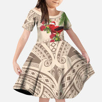 Christmas Hawaii with I'iwi Bird Family Matching Puletasi and Hawaiian Shirt Aloha Mele Kalikimaka - Beige Art LT9 Daughter's Dress Beige - Polynesian Pride