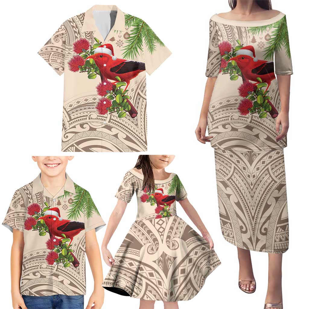 Christmas Hawaii with I'iwi Bird Family Matching Puletasi and Hawaiian Shirt Aloha Mele Kalikimaka - Beige Art LT9 - Polynesian Pride