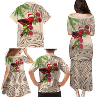 Christmas Hawaii with I'iwi Bird Family Matching Puletasi and Hawaiian Shirt Aloha Mele Kalikimaka - Beige Art LT9 - Polynesian Pride