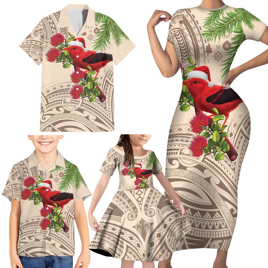 Christmas Hawaii with I'iwi Bird Family Matching Short Sleeve Bodycon Dress and Hawaiian Shirt Aloha Mele Kalikimaka - Beige Art LT9 - Polynesian Pride