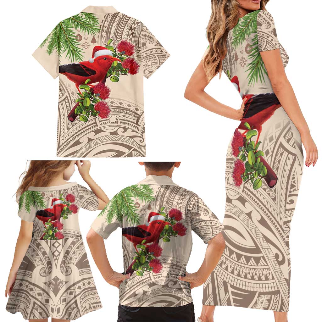 Christmas Hawaii with I'iwi Bird Family Matching Short Sleeve Bodycon Dress and Hawaiian Shirt Aloha Mele Kalikimaka - Beige Art LT9 - Polynesian Pride