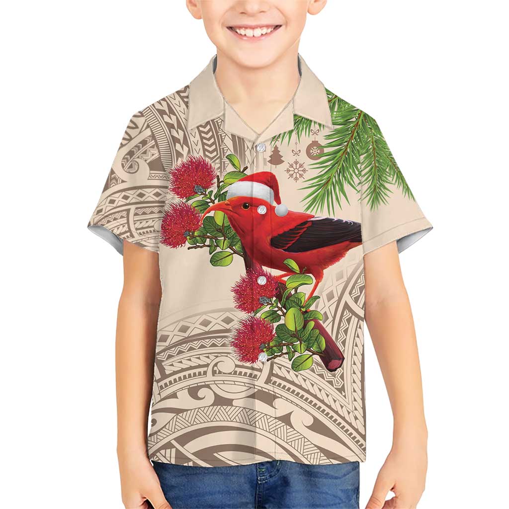Christmas Hawaii with I'iwi Bird Family Matching Short Sleeve Bodycon Dress and Hawaiian Shirt Aloha Mele Kalikimaka - Beige Art LT9 Son's Shirt Beige - Polynesian Pride