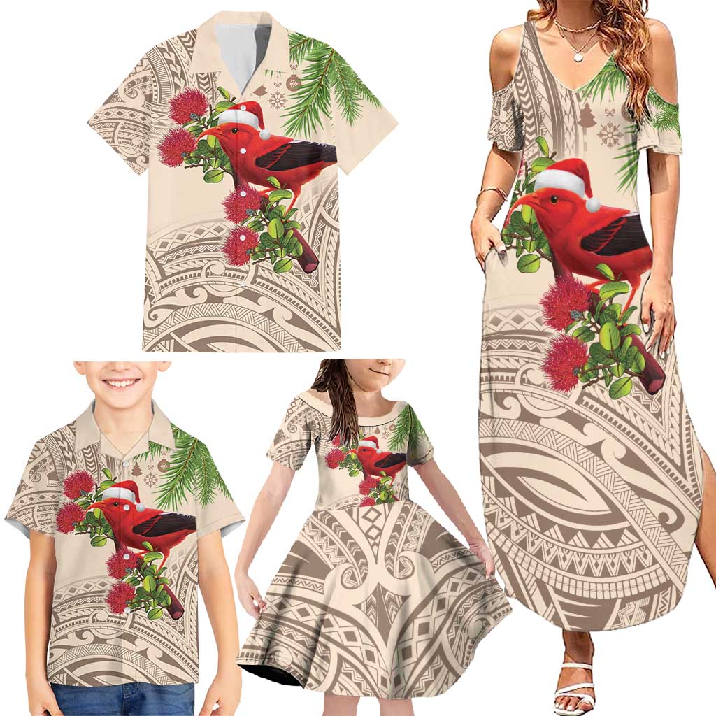 Christmas Hawaii with I'iwi Bird Family Matching Summer Maxi Dress and Hawaiian Shirt Aloha Mele Kalikimaka - Beige Art LT9 - Polynesian Pride
