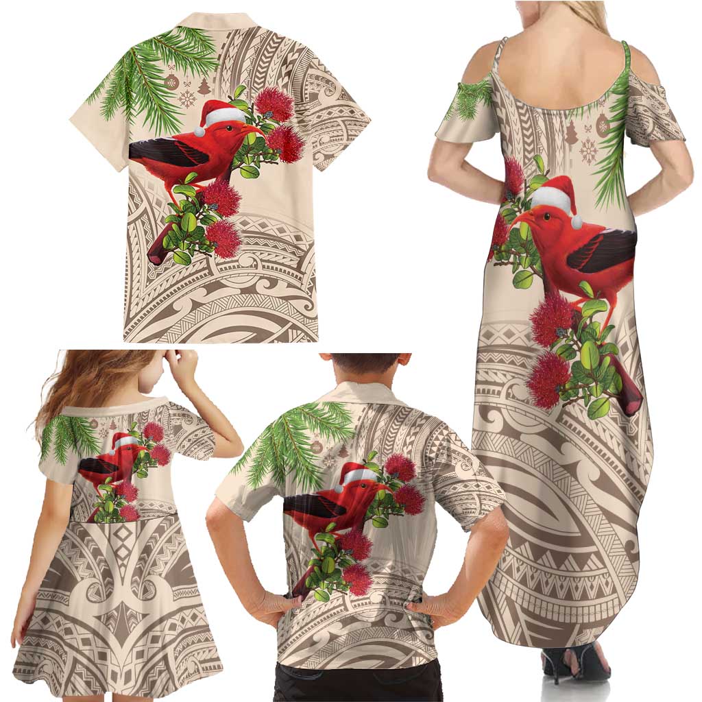 Christmas Hawaii with I'iwi Bird Family Matching Summer Maxi Dress and Hawaiian Shirt Aloha Mele Kalikimaka - Beige Art LT9 - Polynesian Pride