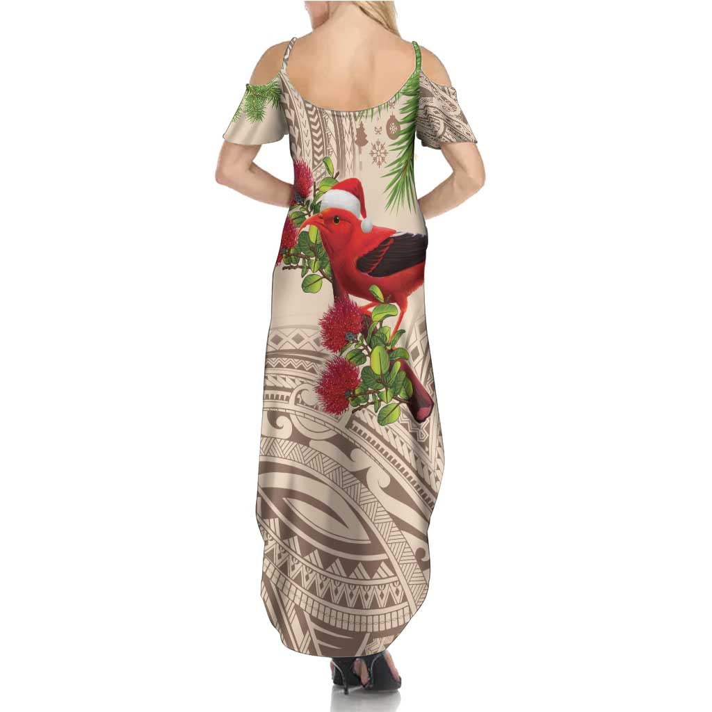 Christmas Hawaii with I'iwi Bird Family Matching Summer Maxi Dress and Hawaiian Shirt Aloha Mele Kalikimaka - Beige Art LT9 - Polynesian Pride