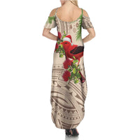 Christmas Hawaii with I'iwi Bird Family Matching Summer Maxi Dress and Hawaiian Shirt Aloha Mele Kalikimaka - Beige Art LT9 - Polynesian Pride
