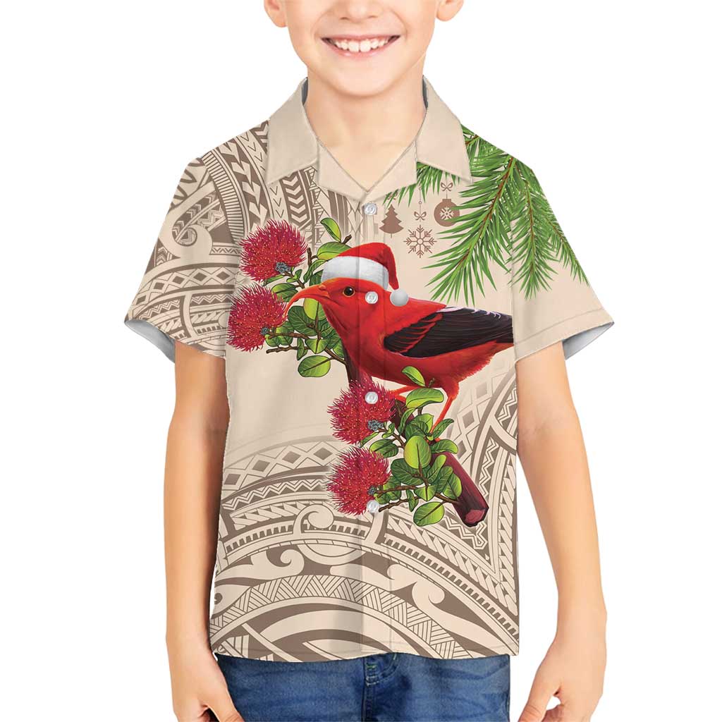 Christmas Hawaii with I'iwi Bird Family Matching Summer Maxi Dress and Hawaiian Shirt Aloha Mele Kalikimaka - Beige Art LT9 Son's Shirt Beige - Polynesian Pride