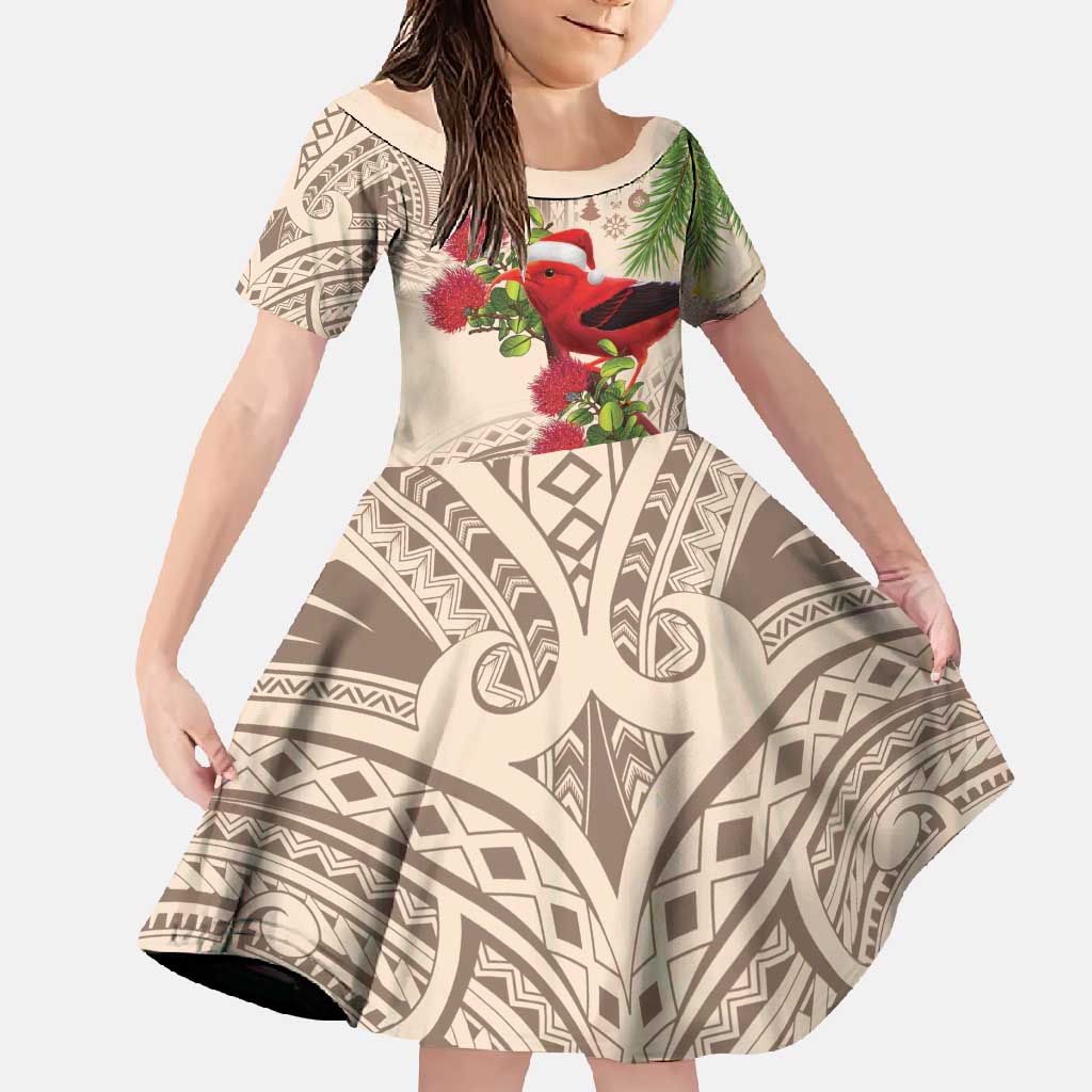 Christmas Hawaii with I'iwi Bird Family Matching Tank Maxi Dress and Hawaiian Shirt Aloha Mele Kalikimaka - Beige Art LT9 Daughter's Dress Beige - Polynesian Pride