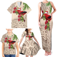 Christmas Hawaii with I'iwi Bird Family Matching Tank Maxi Dress and Hawaiian Shirt Aloha Mele Kalikimaka - Beige Art LT9 - Polynesian Pride
