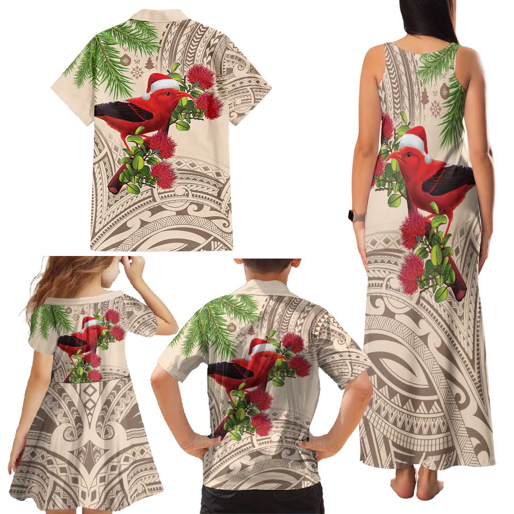 Christmas Hawaii with I'iwi Bird Family Matching Tank Maxi Dress and Hawaiian Shirt Aloha Mele Kalikimaka - Beige Art LT9 - Polynesian Pride