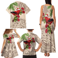 Christmas Hawaii with I'iwi Bird Family Matching Tank Maxi Dress and Hawaiian Shirt Aloha Mele Kalikimaka - Beige Art LT9 - Polynesian Pride