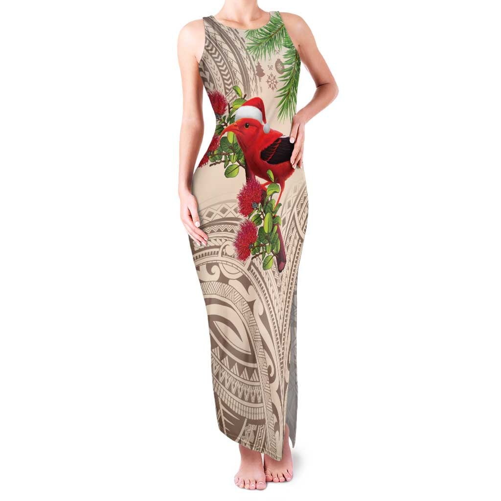 Christmas Hawaii with I'iwi Bird Family Matching Tank Maxi Dress and Hawaiian Shirt Aloha Mele Kalikimaka - Beige Art LT9 Mom's Dress Beige - Polynesian Pride