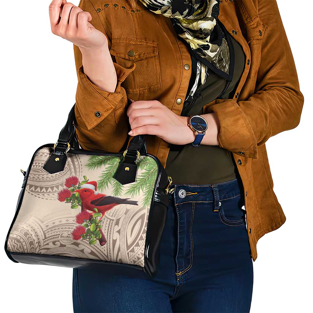 Christmas Hawaii with I'iwi Bird Shoulder Handbag Aloha Mele Kalikimaka - Beige Art