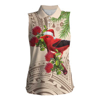 Christmas Hawaii with I'iwi Bird Women Sleeveless Polo Shirt Aloha Mele Kalikimaka - Beige Art LT9 Female Beige - Polynesian Pride