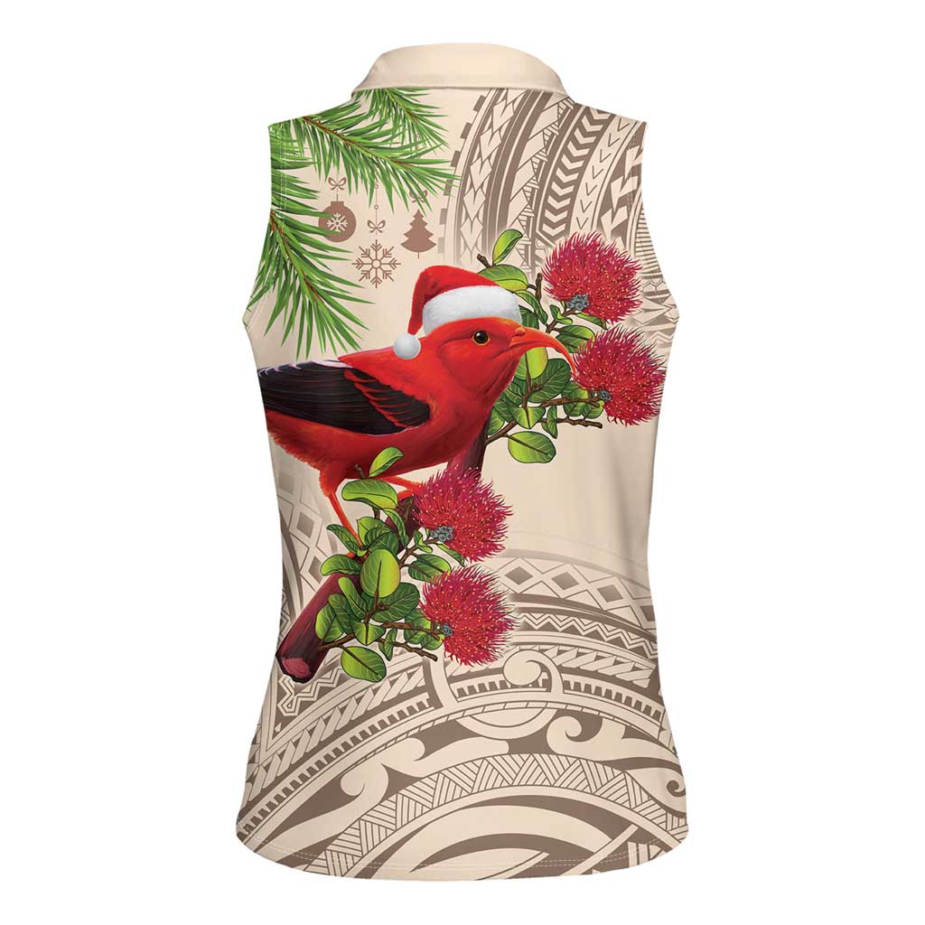 Christmas Hawaii with I'iwi Bird Women Sleeveless Polo Shirt Aloha Mele Kalikimaka - Beige Art LT9 - Polynesian Pride