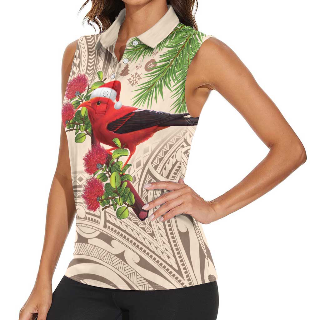 Christmas Hawaii with I'iwi Bird Women Sleeveless Polo Shirt Aloha Mele Kalikimaka - Beige Art LT9 - Polynesian Pride