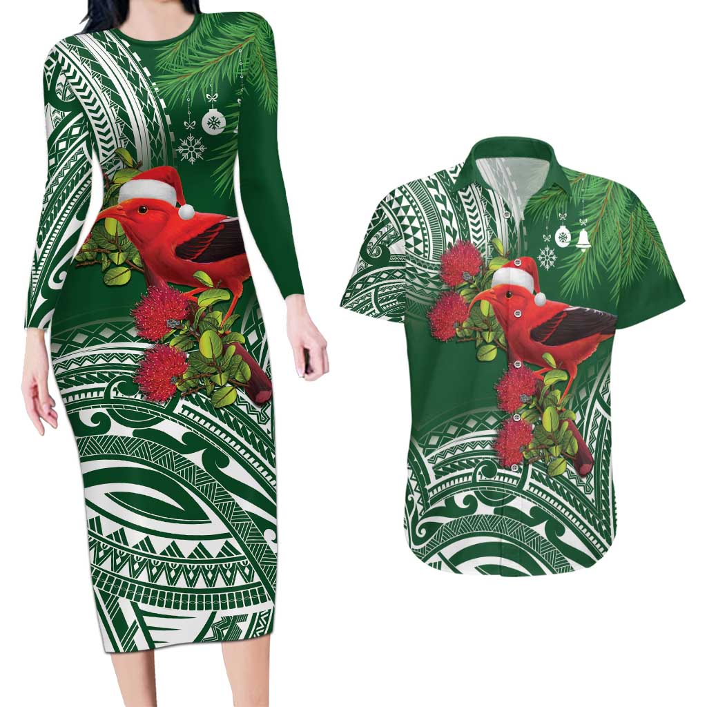 Christmas Hawaii with I'iwi Bird Couples Matching Long Sleeve Bodycon Dress and Hawaiian Shirt Aloha Mele Kalikimaka - Green Art LT9 Green - Polynesian Pride