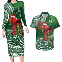 Christmas Hawaii with I'iwi Bird Couples Matching Long Sleeve Bodycon Dress and Hawaiian Shirt Aloha Mele Kalikimaka - Green Art LT9 Green - Polynesian Pride