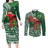 Christmas Hawaii with I'iwi Bird Couples Matching Long Sleeve Bodycon Dress and Long Sleeve Button Shirt Aloha Mele Kalikimaka - Green Art LT9 Green - Polynesian Pride