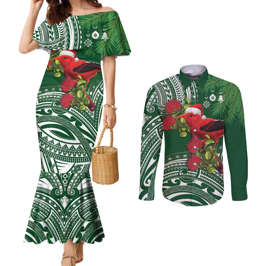 Christmas Hawaii with I'iwi Bird Couples Matching Mermaid Dress and Long Sleeve Button Shirt Aloha Mele Kalikimaka - Green Art LT9 Green - Polynesian Pride