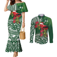 Christmas Hawaii with I'iwi Bird Couples Matching Mermaid Dress and Long Sleeve Button Shirt Aloha Mele Kalikimaka - Green Art LT9 Green - Polynesian Pride