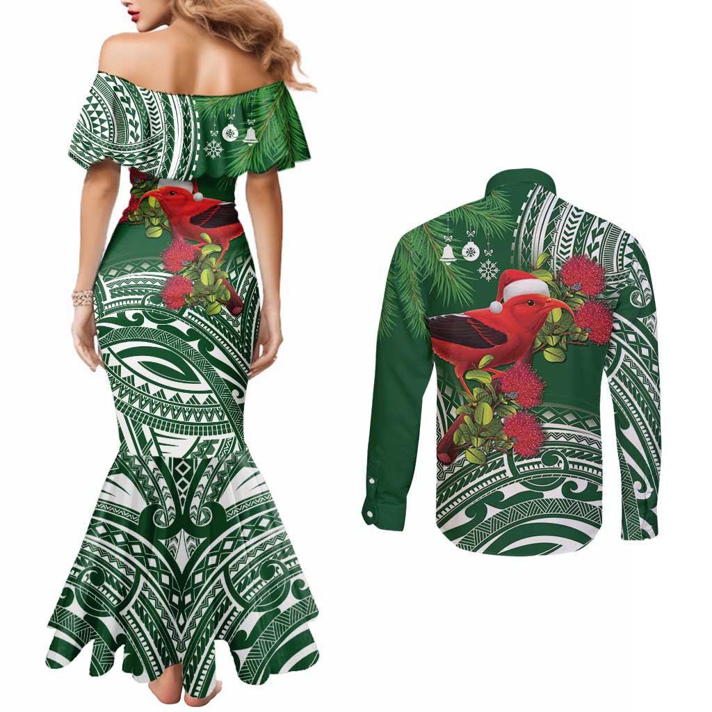 Christmas Hawaii with I'iwi Bird Couples Matching Mermaid Dress and Long Sleeve Button Shirt Aloha Mele Kalikimaka - Green Art LT9 - Polynesian Pride