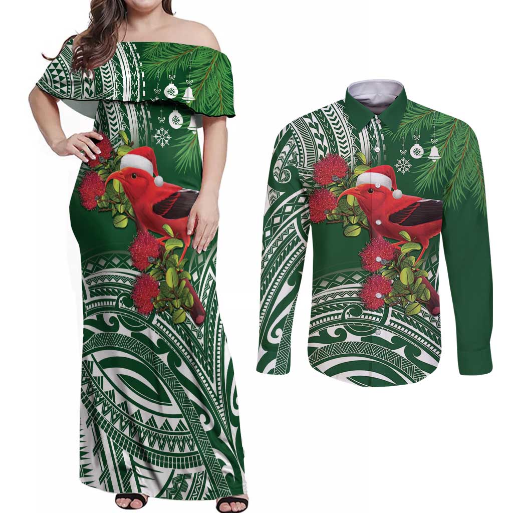 Christmas Hawaii with I'iwi Bird Couples Matching Off Shoulder Maxi Dress and Long Sleeve Button Shirt Aloha Mele Kalikimaka - Green Art LT9 Green - Polynesian Pride