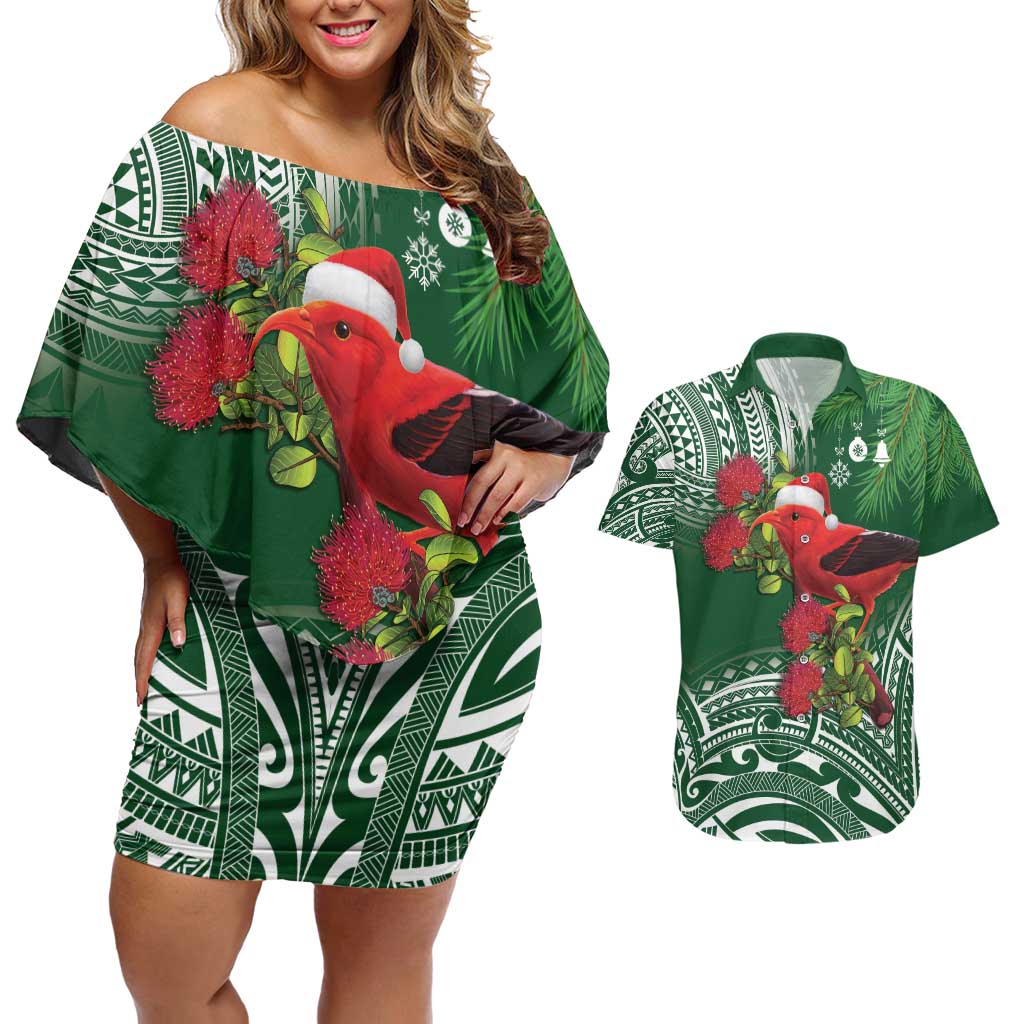 Christmas Hawaii with I'iwi Bird Couples Matching Off Shoulder Short Dress and Hawaiian Shirt Aloha Mele Kalikimaka - Green Art LT9 Green - Polynesian Pride