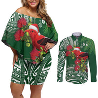 Christmas Hawaii with I'iwi Bird Couples Matching Off Shoulder Short Dress and Long Sleeve Button Shirt Aloha Mele Kalikimaka - Green Art LT9 Green - Polynesian Pride