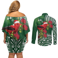 Christmas Hawaii with I'iwi Bird Couples Matching Off Shoulder Short Dress and Long Sleeve Button Shirt Aloha Mele Kalikimaka - Green Art LT9 - Polynesian Pride