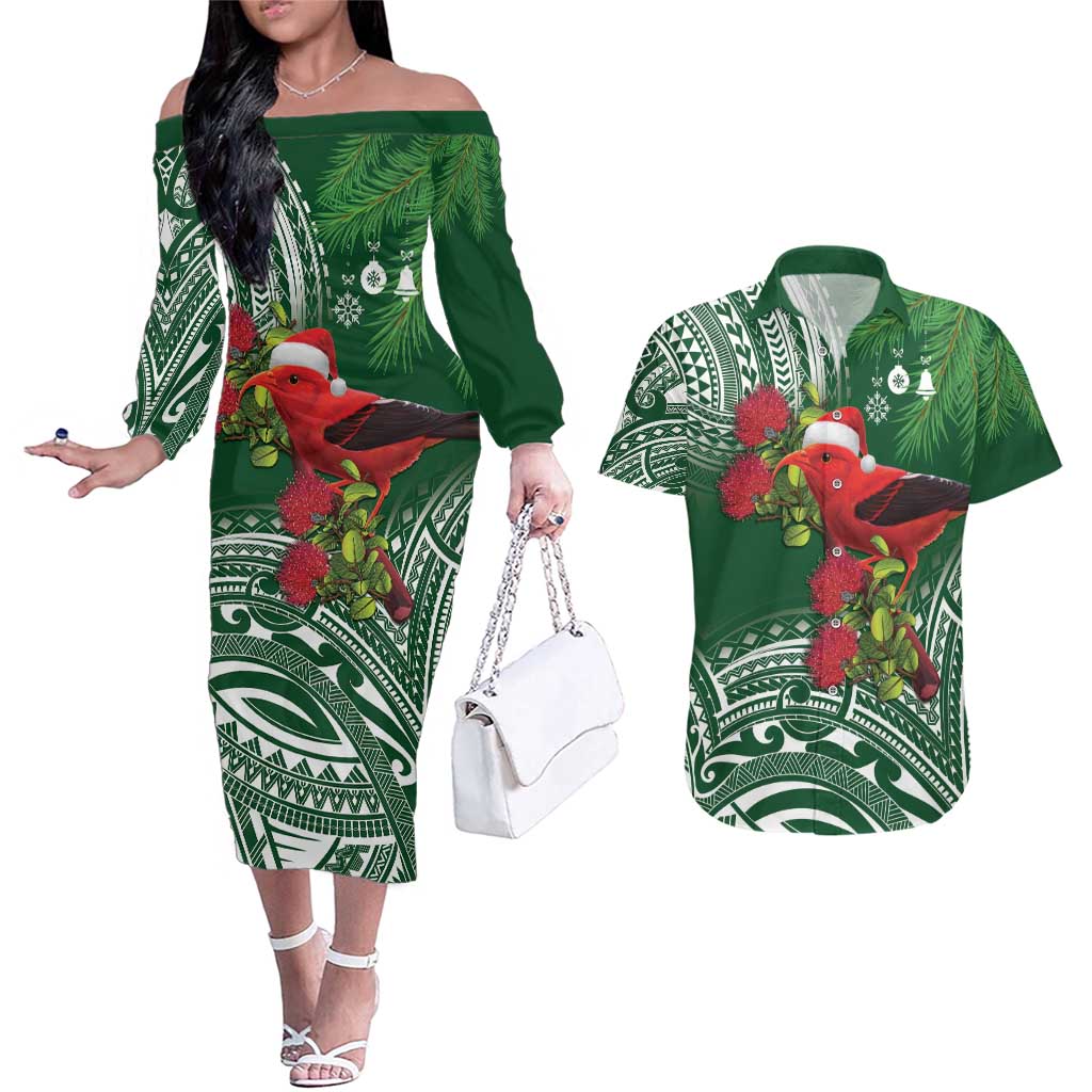Christmas Hawaii with I'iwi Bird Couples Matching Off The Shoulder Long Sleeve Dress and Hawaiian Shirt Aloha Mele Kalikimaka - Green Art LT9 Green - Polynesian Pride