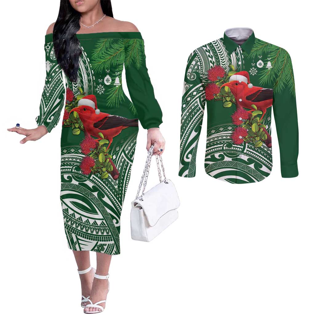 Christmas Hawaii with I'iwi Bird Couples Matching Off The Shoulder Long Sleeve Dress and Long Sleeve Button Shirt Aloha Mele Kalikimaka - Green Art LT9 Green - Polynesian Pride