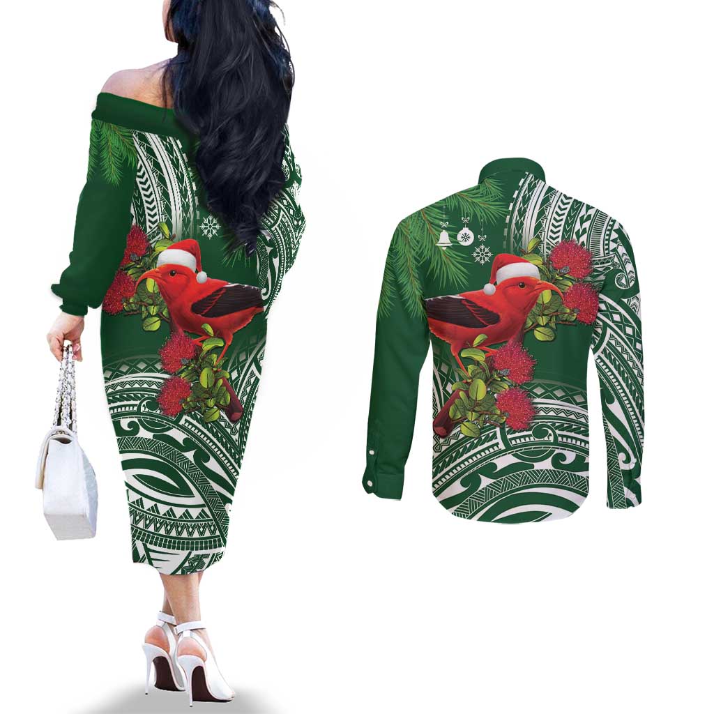 Christmas Hawaii with I'iwi Bird Couples Matching Off The Shoulder Long Sleeve Dress and Long Sleeve Button Shirt Aloha Mele Kalikimaka - Green Art LT9 - Polynesian Pride