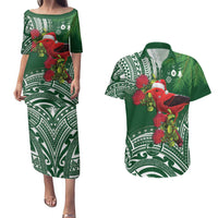 Christmas Hawaii with I'iwi Bird Couples Matching Puletasi and Hawaiian Shirt Aloha Mele Kalikimaka - Green Art LT9 Green - Polynesian Pride