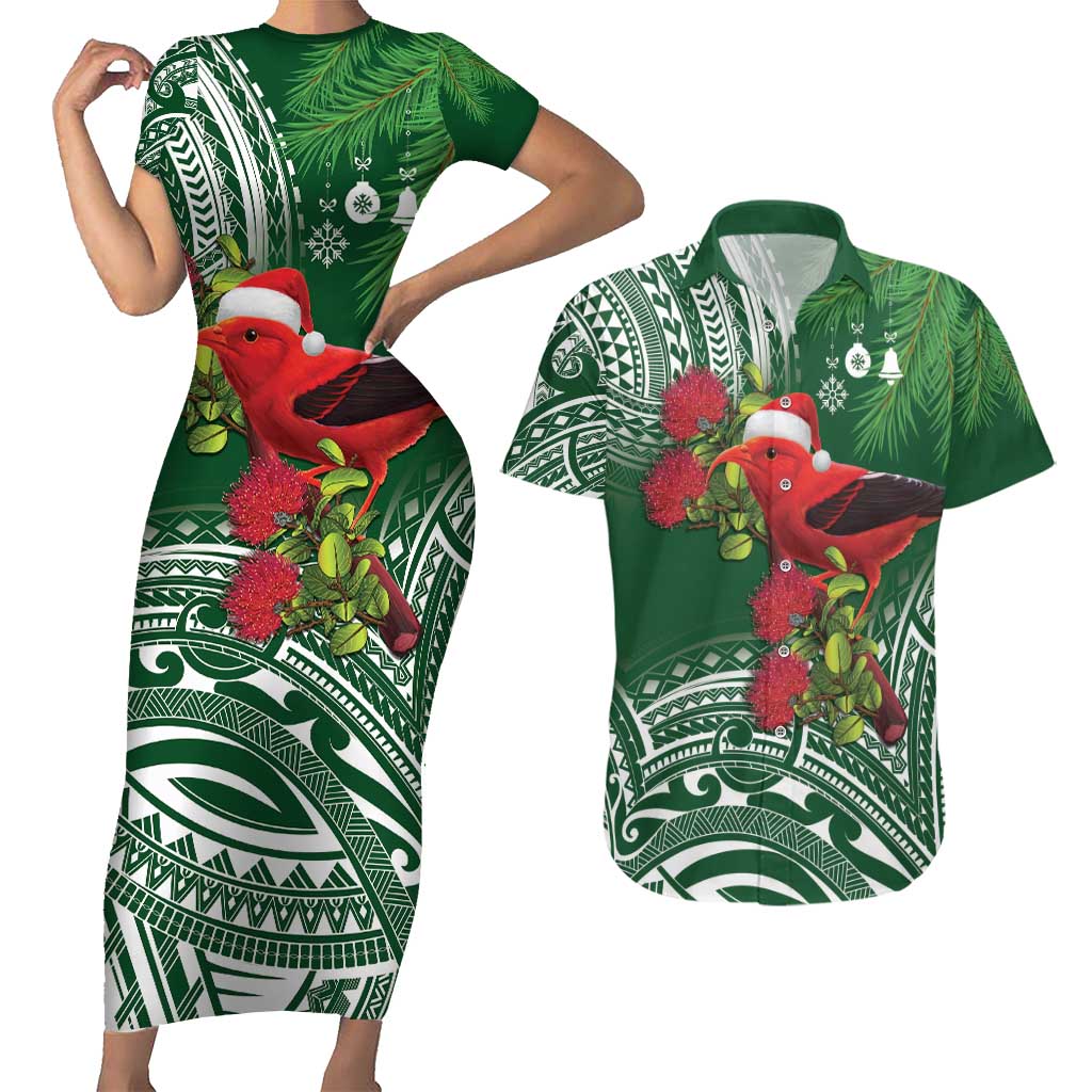 Christmas Hawaii with I'iwi Bird Couples Matching Short Sleeve Bodycon Dress and Hawaiian Shirt Aloha Mele Kalikimaka - Green Art LT9 Green - Polynesian Pride