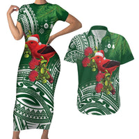 Christmas Hawaii with I'iwi Bird Couples Matching Short Sleeve Bodycon Dress and Hawaiian Shirt Aloha Mele Kalikimaka - Green Art LT9 Green - Polynesian Pride