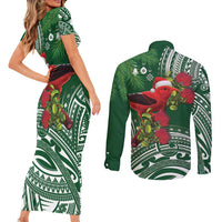 Christmas Hawaii with I'iwi Bird Couples Matching Short Sleeve Bodycon Dress and Long Sleeve Button Shirt Aloha Mele Kalikimaka - Green Art LT9 - Polynesian Pride