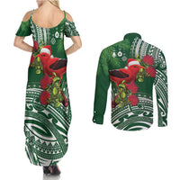 Christmas Hawaii with I'iwi Bird Couples Matching Summer Maxi Dress and Long Sleeve Button Shirt Aloha Mele Kalikimaka - Green Art LT9 - Polynesian Pride