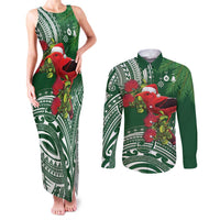 Christmas Hawaii with I'iwi Bird Couples Matching Tank Maxi Dress and Long Sleeve Button Shirt Aloha Mele Kalikimaka - Green Art LT9 Green - Polynesian Pride