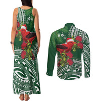 Christmas Hawaii with I'iwi Bird Couples Matching Tank Maxi Dress and Long Sleeve Button Shirt Aloha Mele Kalikimaka - Green Art LT9 - Polynesian Pride